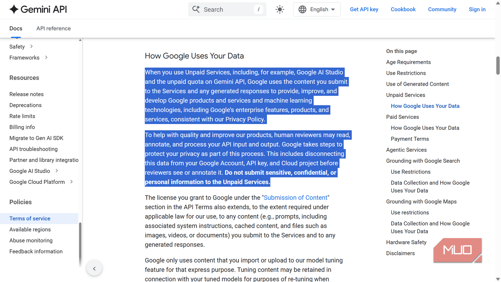 Google Gemini API Terms of Service page.