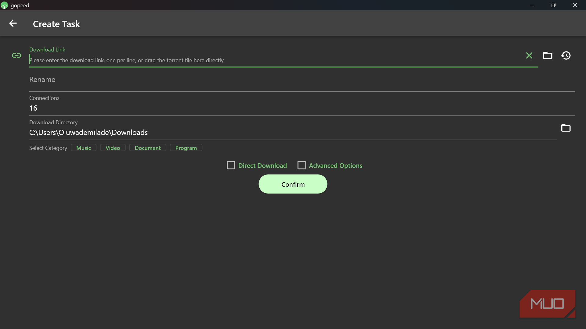 Gopeed 'Create Task' screen for adding new download links.