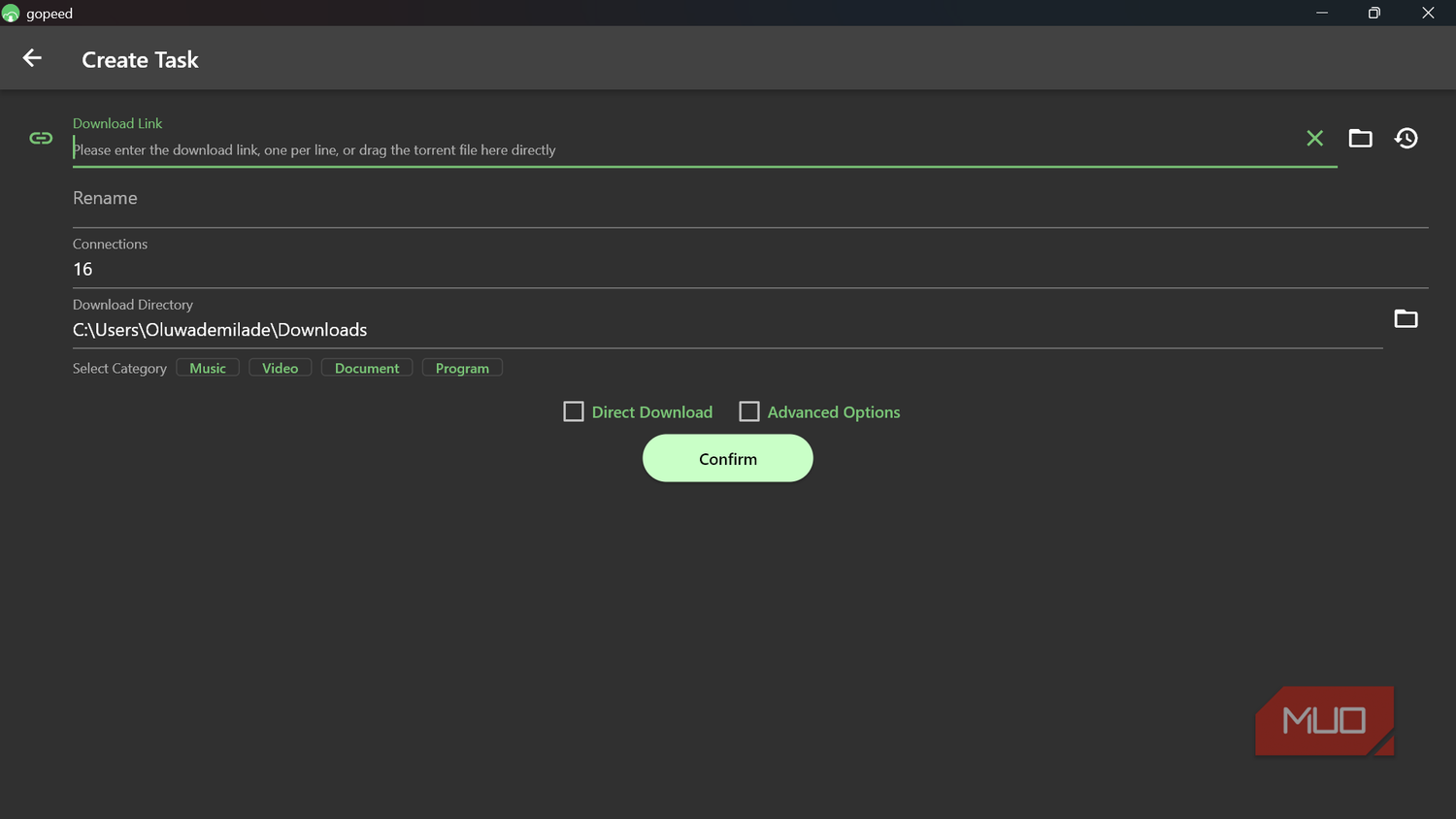 Gopeed 'Create Task' screen for adding new download links.