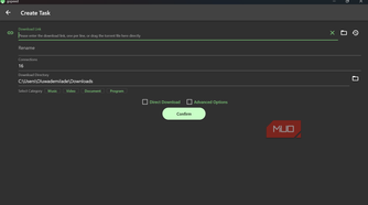 Gopeed 'Create Task' screen for adding new download links.