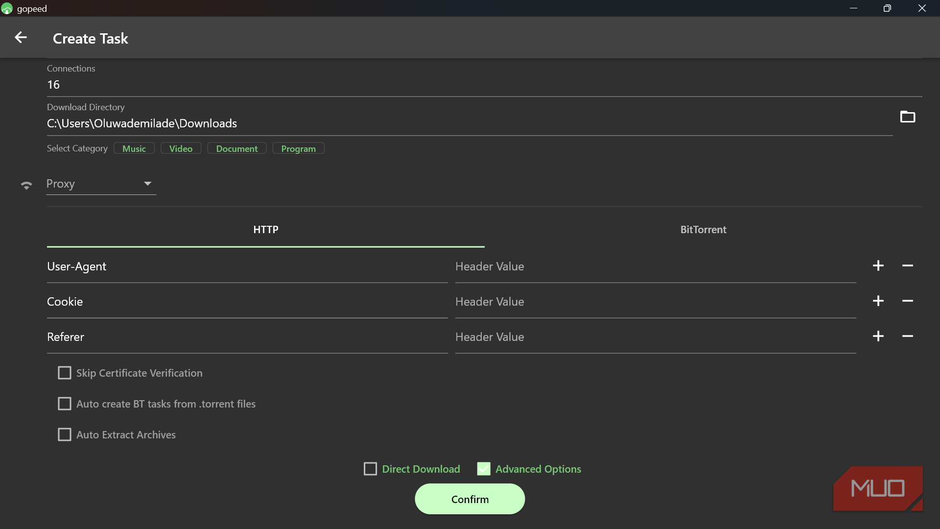 Gopeed 'Create Task' screen showing advanced HTTP and proxy settings.