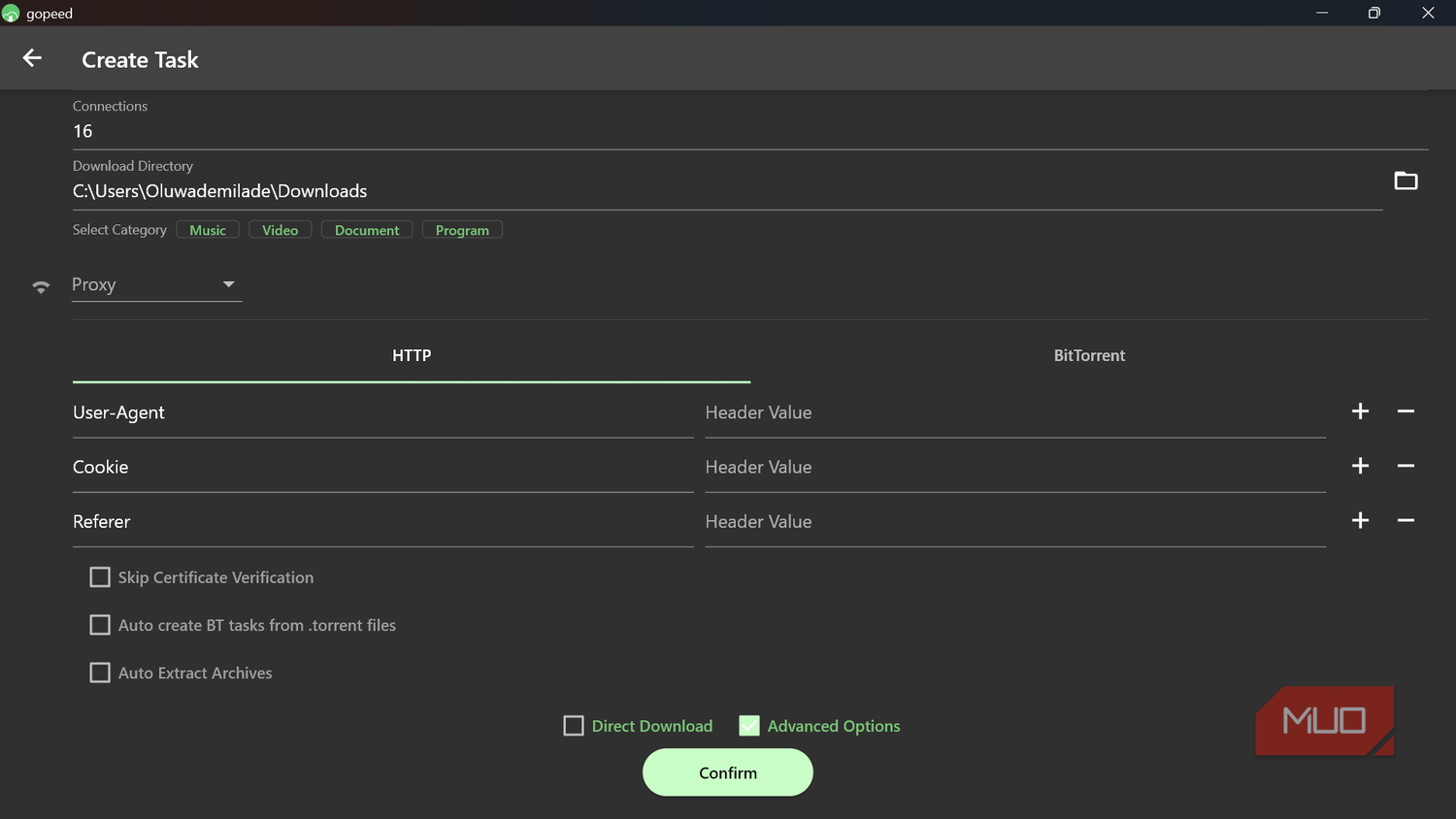 Gopeed 'Create Task' screen showing advanced HTTP and proxy settings.