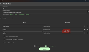 Gopeed 'Create Task' screen showing advanced HTTP and proxy settings.