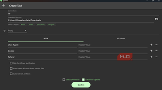 Gopeed 'Create Task' screen showing advanced HTTP and proxy settings.