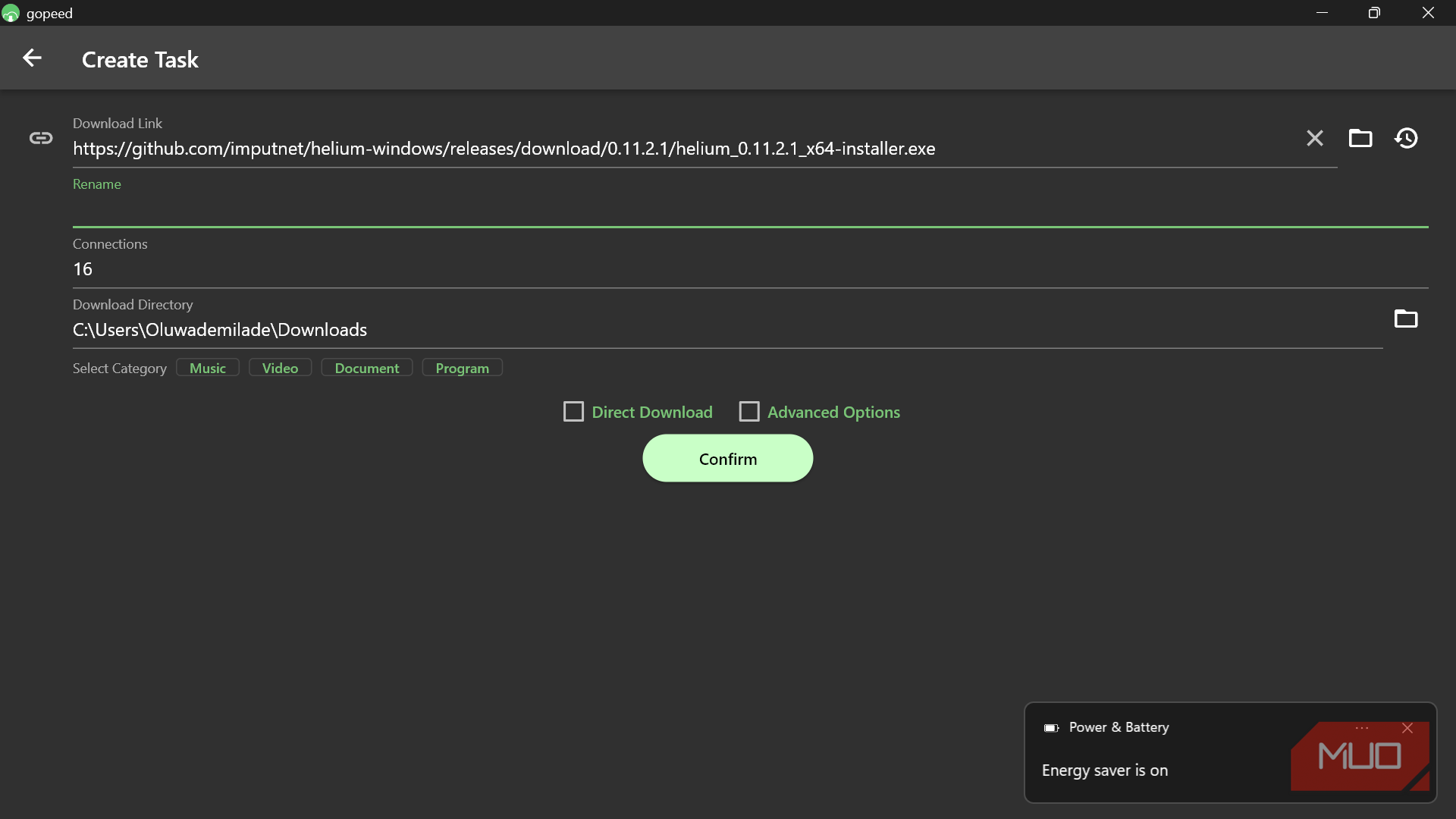 Gopeed 'Create Task' screen with a populated GitHub download link.