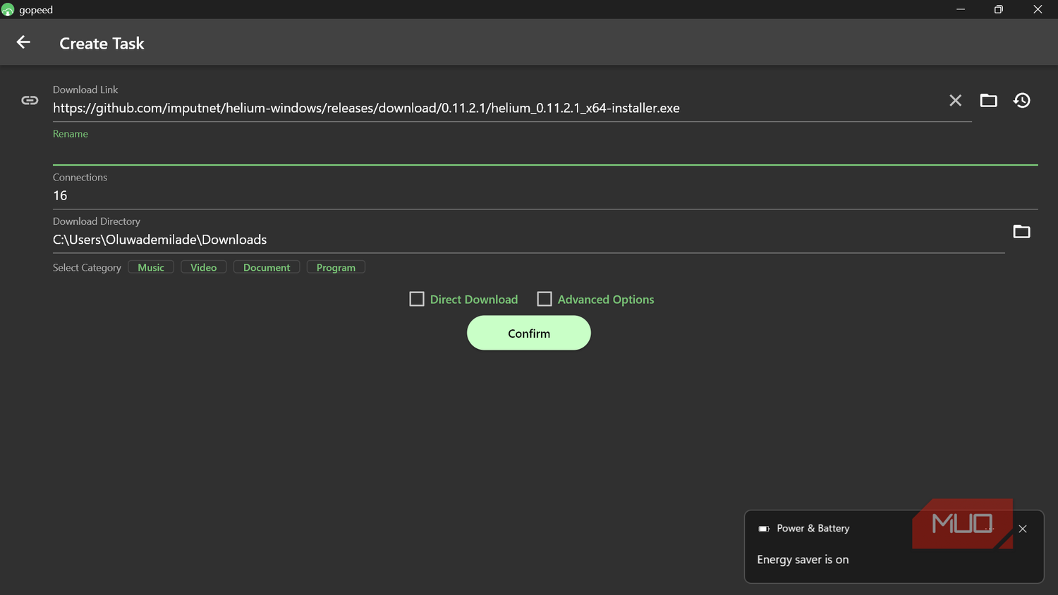 Gopeed 'Create Task' screen with a populated GitHub download link.