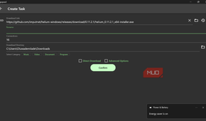 Gopeed 'Create Task' screen with a populated GitHub download link.