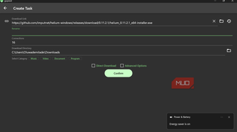 Gopeed 'Create Task' screen with a populated GitHub download link.