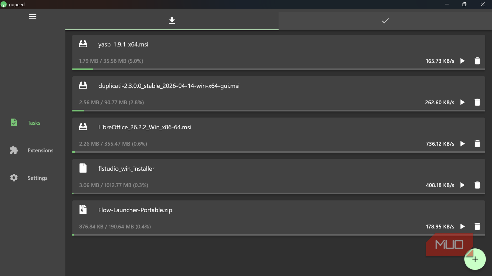 Gopeed download manager active tasks screen.