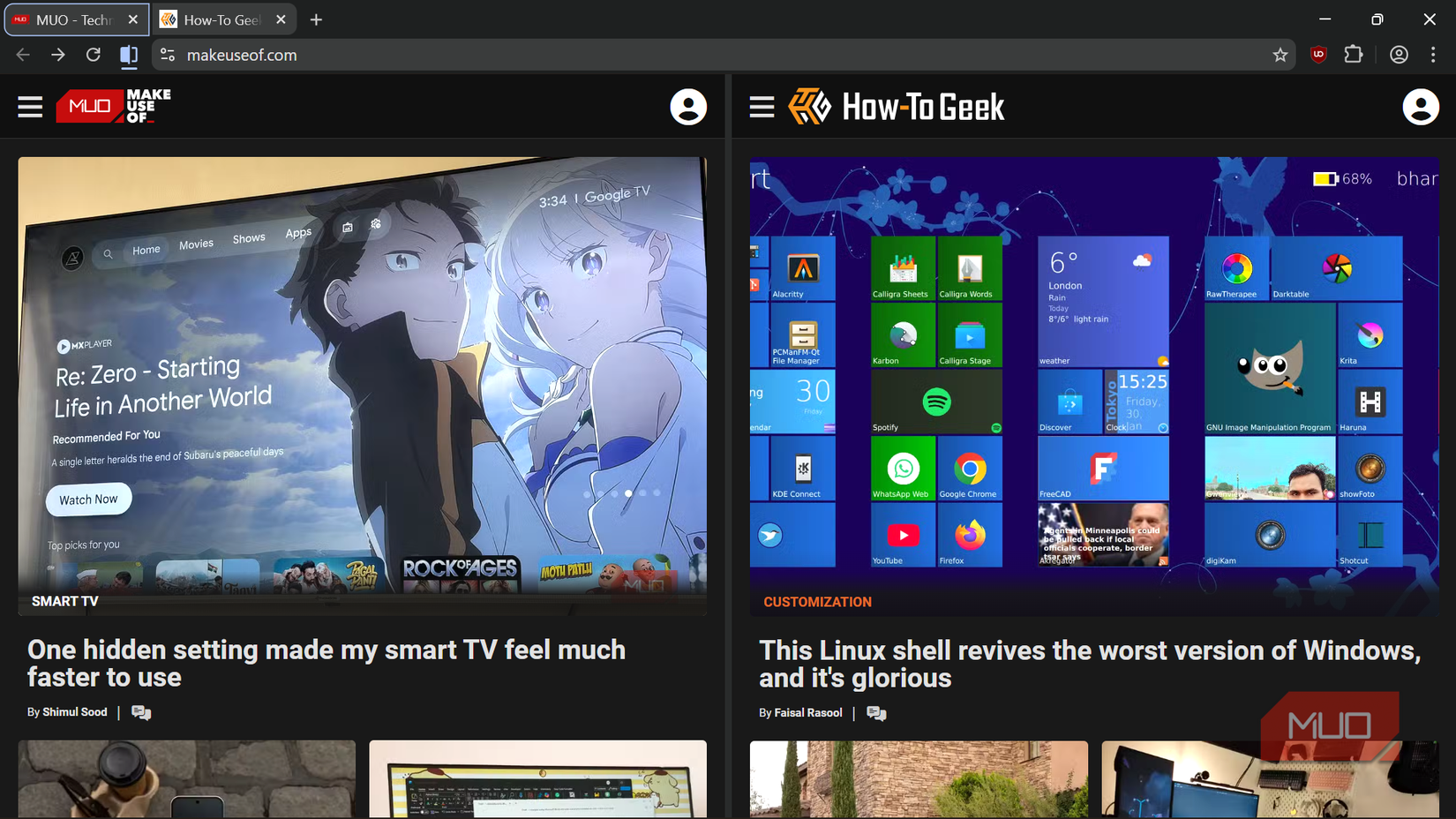 Helium browser displaying MakeUseOf and How-To Geek side-by-side in split view.