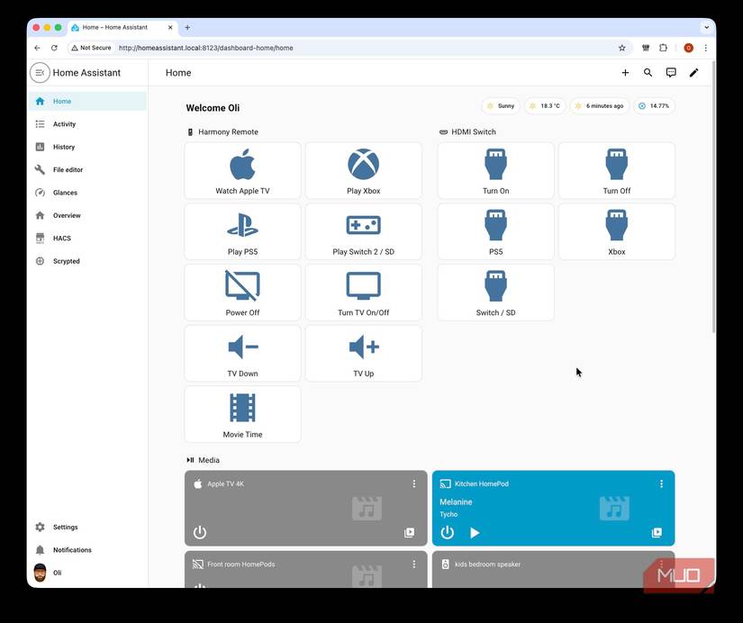 Screenshot showing the Home Assistant home screen
