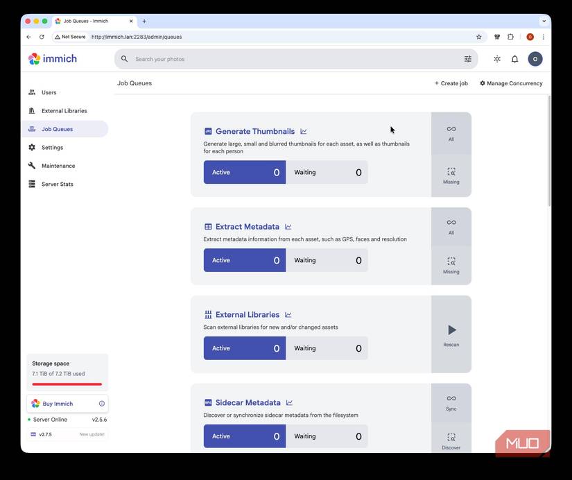 Screenshot showing Immich in a web browser, displaying back-end tasks