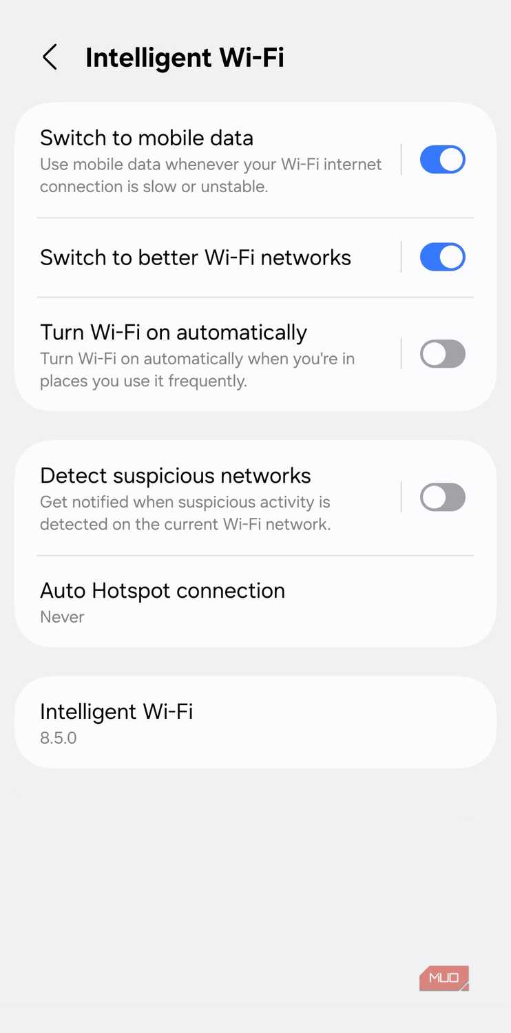 Intelligent Wi-Fi menu on Android phone