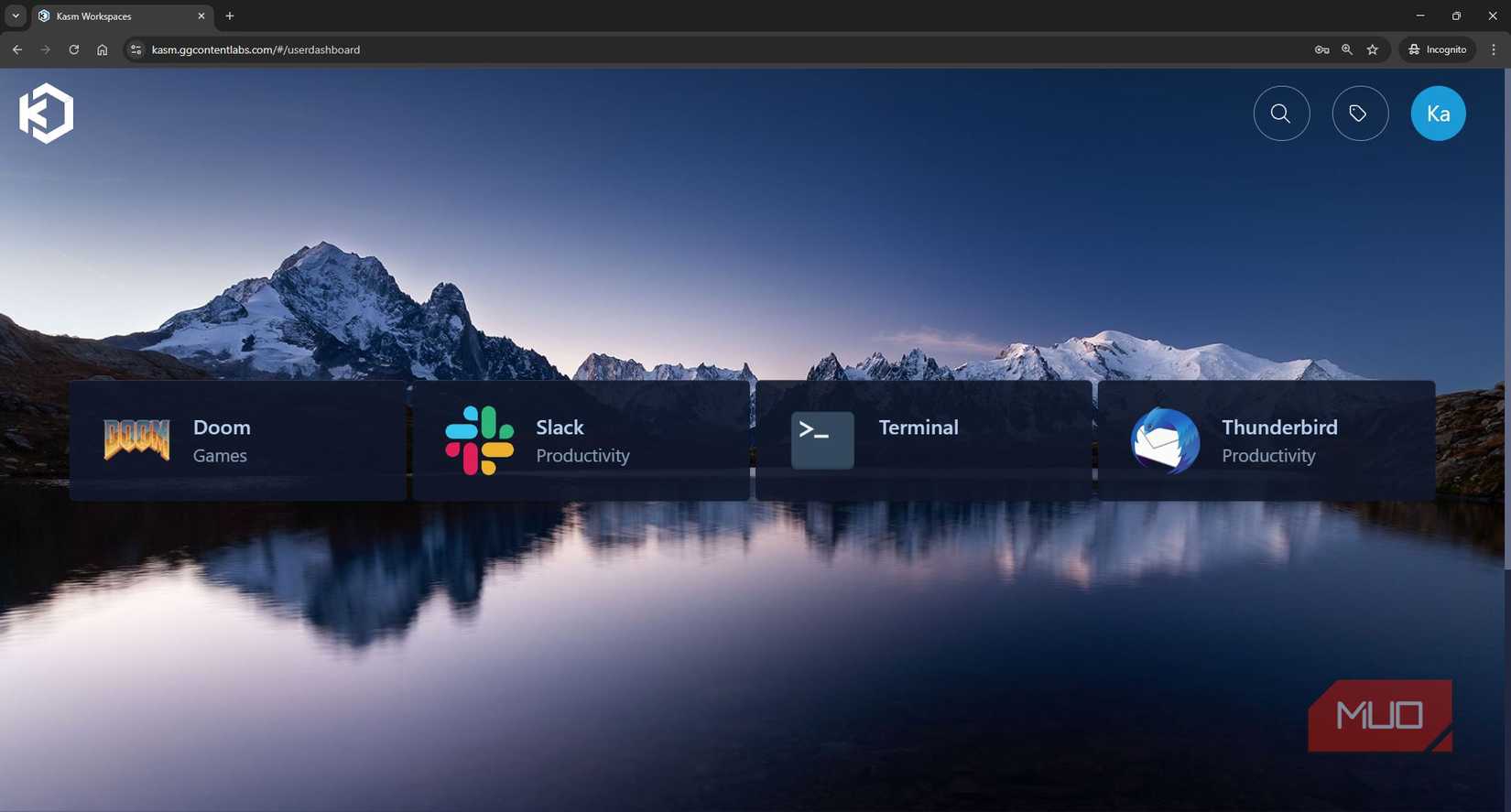KASM user workspace launcher with apps