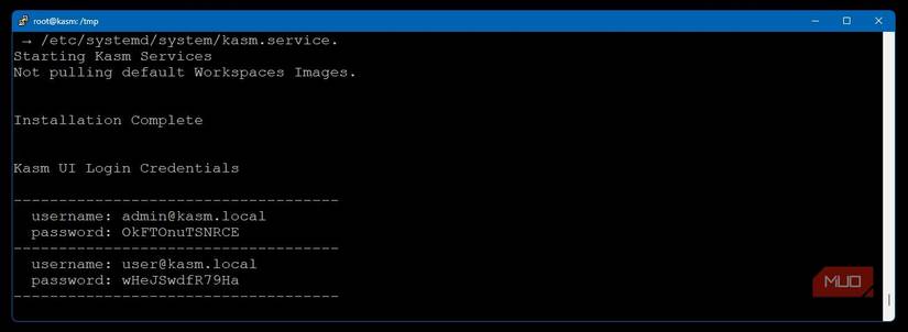 KASM installation complete showing admin and user credentials