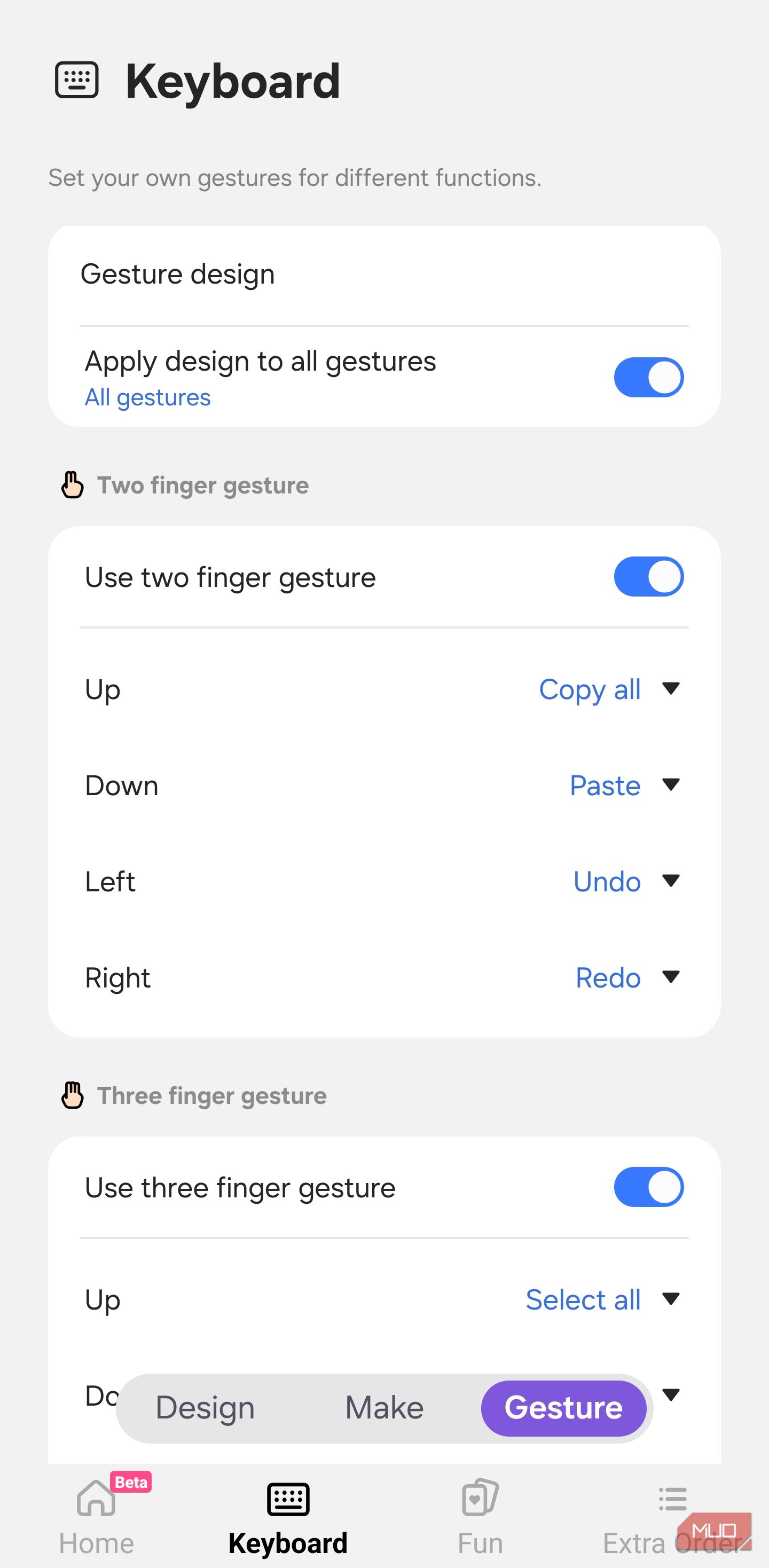 Keys Cafe two-finger editing gestures