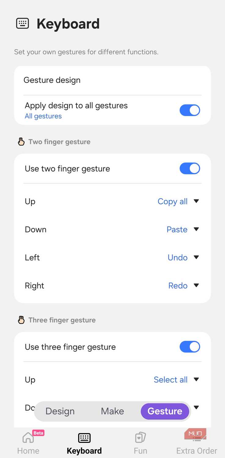 Keys Cafe two-finger editing gestures