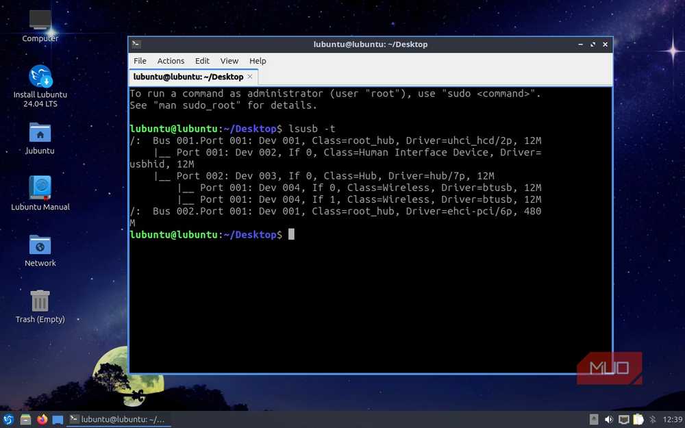 The lsusb command on Linux shows USB bus speeds and connected devices