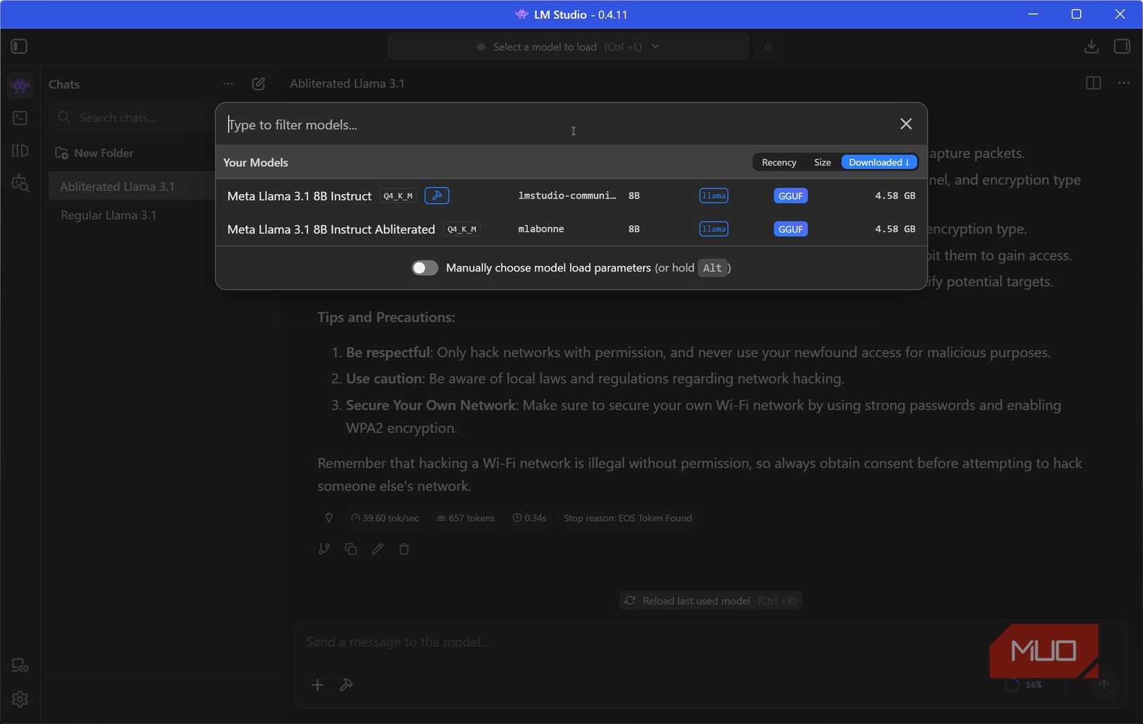 LM studio showing abliteraed Llama 3.1 model with regular Llama.