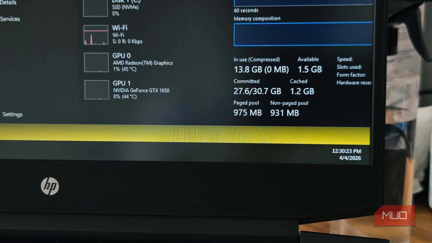 Memory tab open in Windows Manager on WIndows 11 showing In Use details on a HP laptop