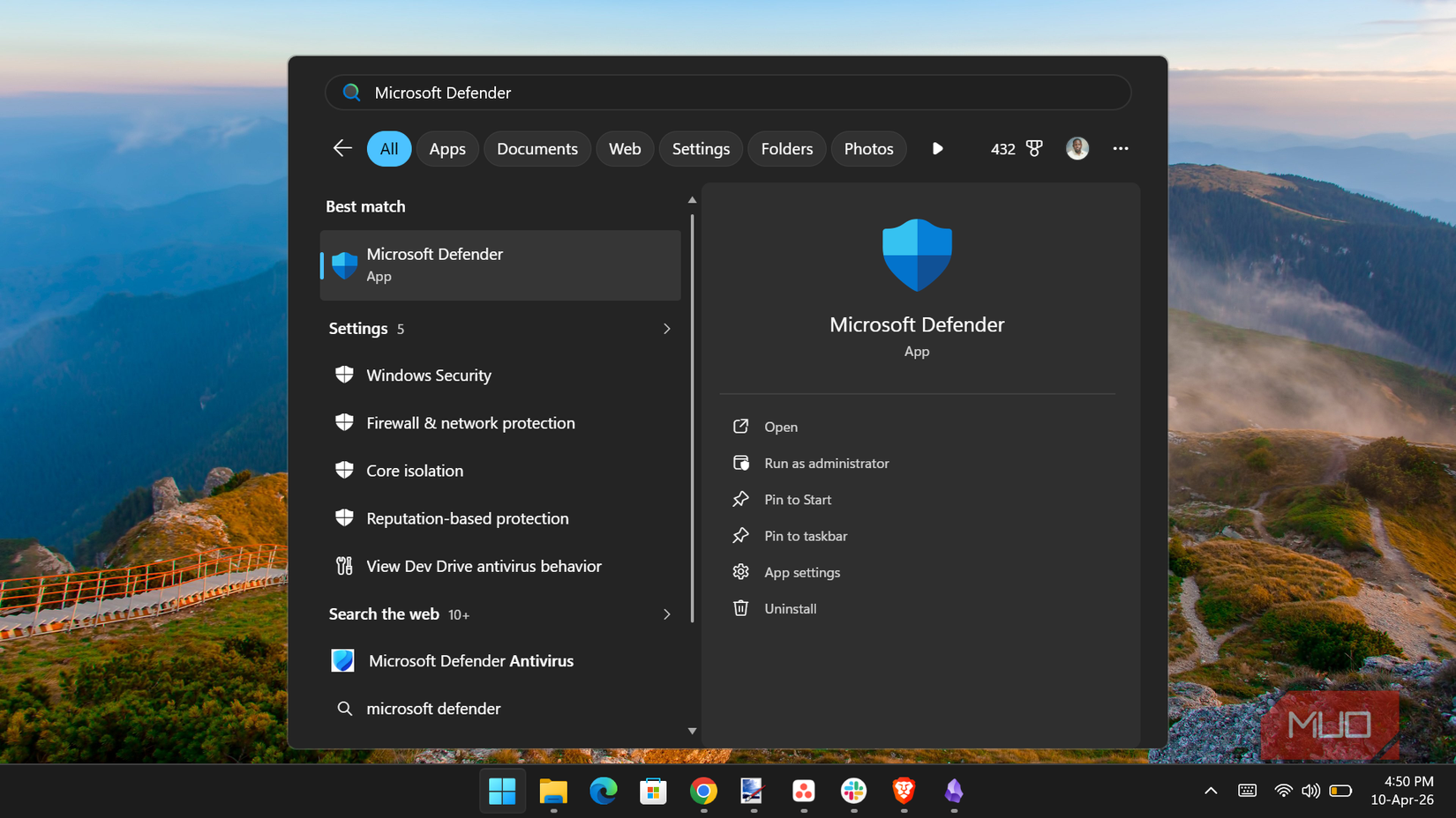 Windowsの検索バーにMicrosoft Defenderと入力している画面