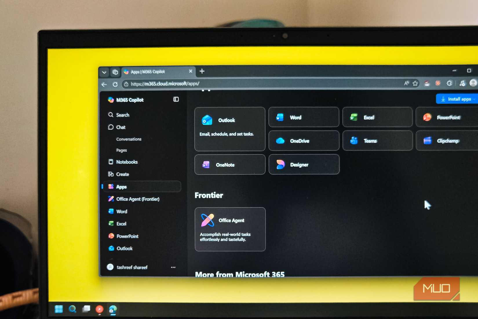 Microsoft Office 365 Online open on a HP Laptop