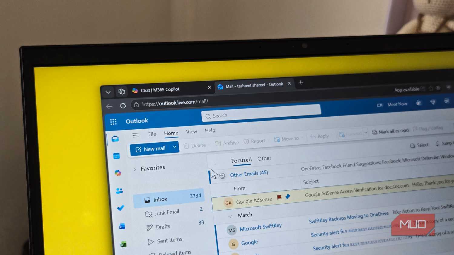 Microsoft Outlook open on a web browser