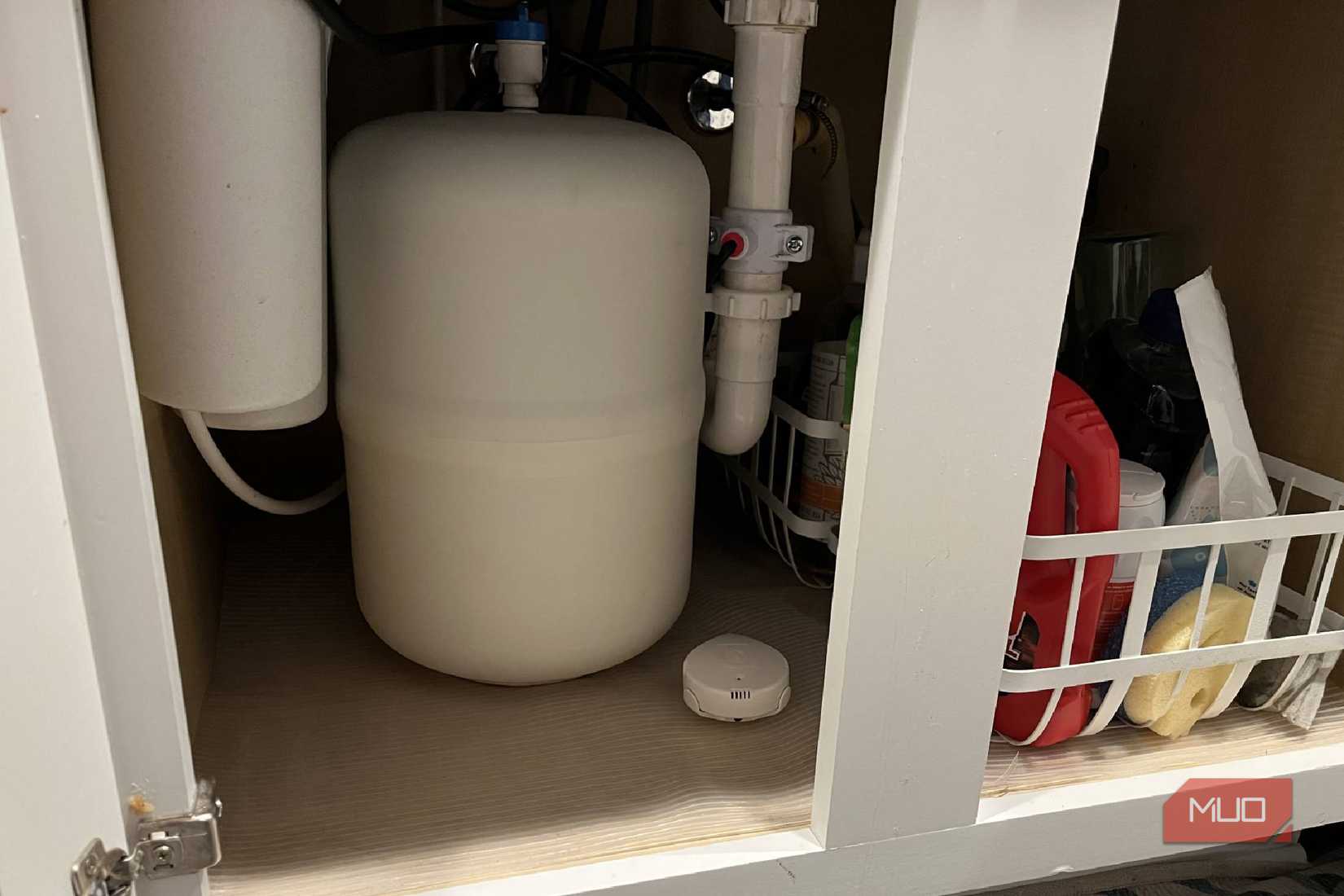 A Moen Leak Detector is under the sink