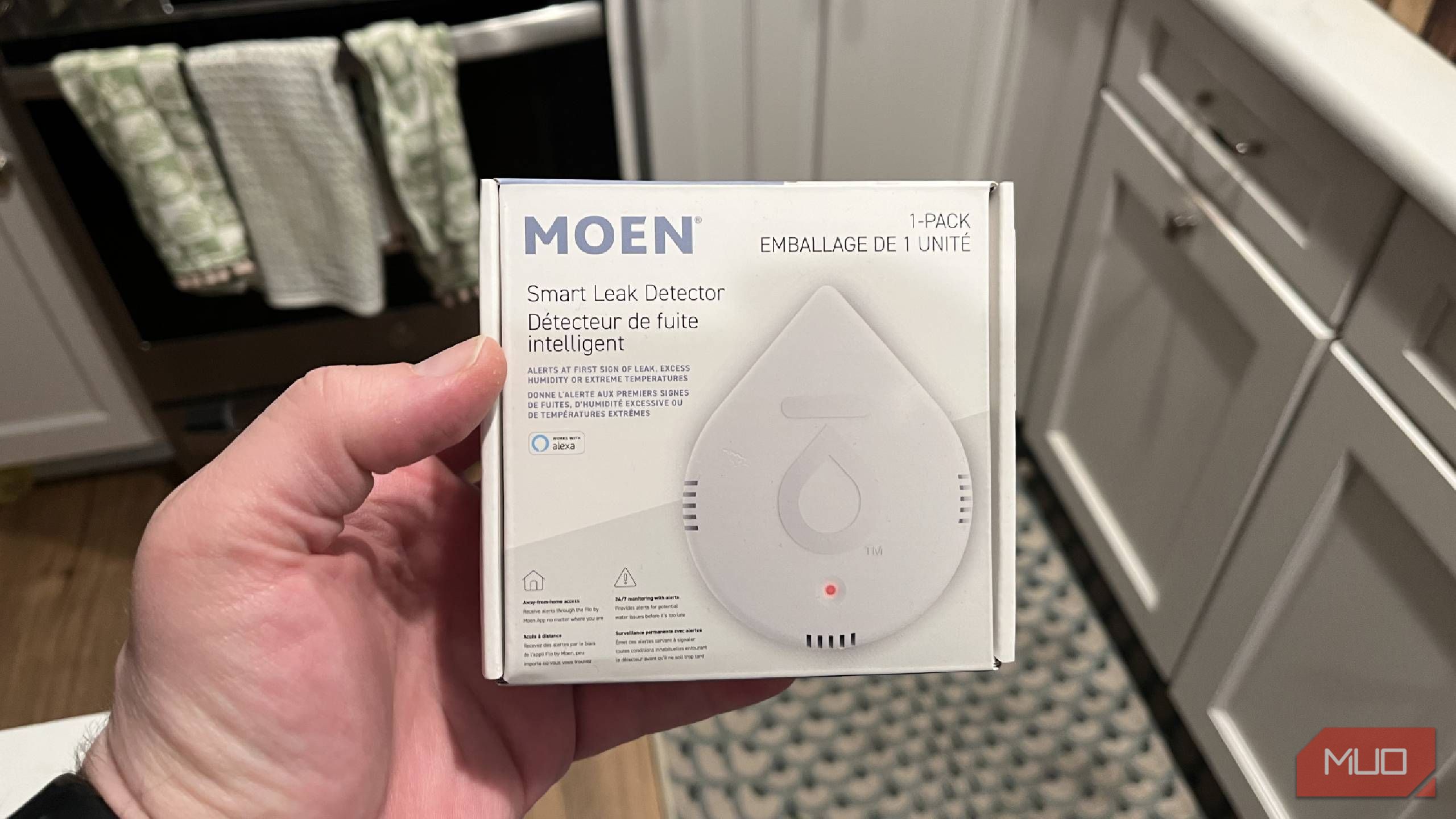 The box of a Moen Leak Detector
