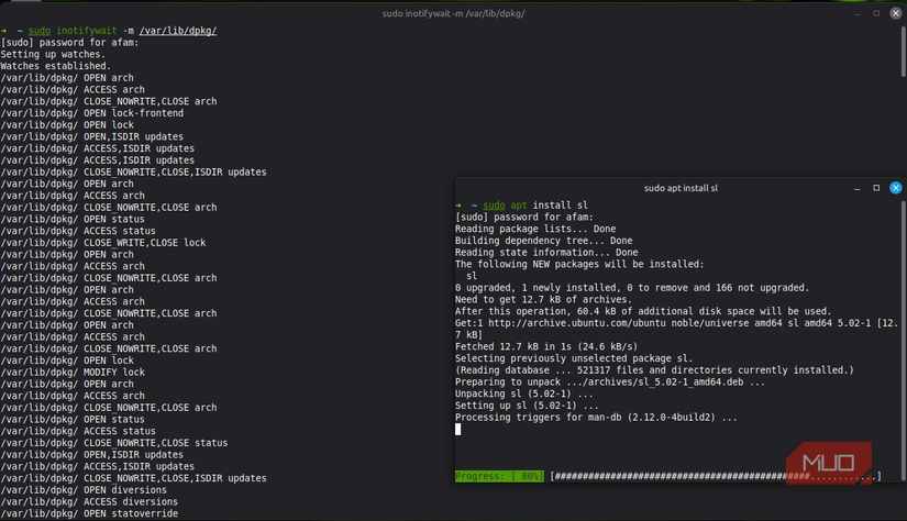 Monitoring apt install writes