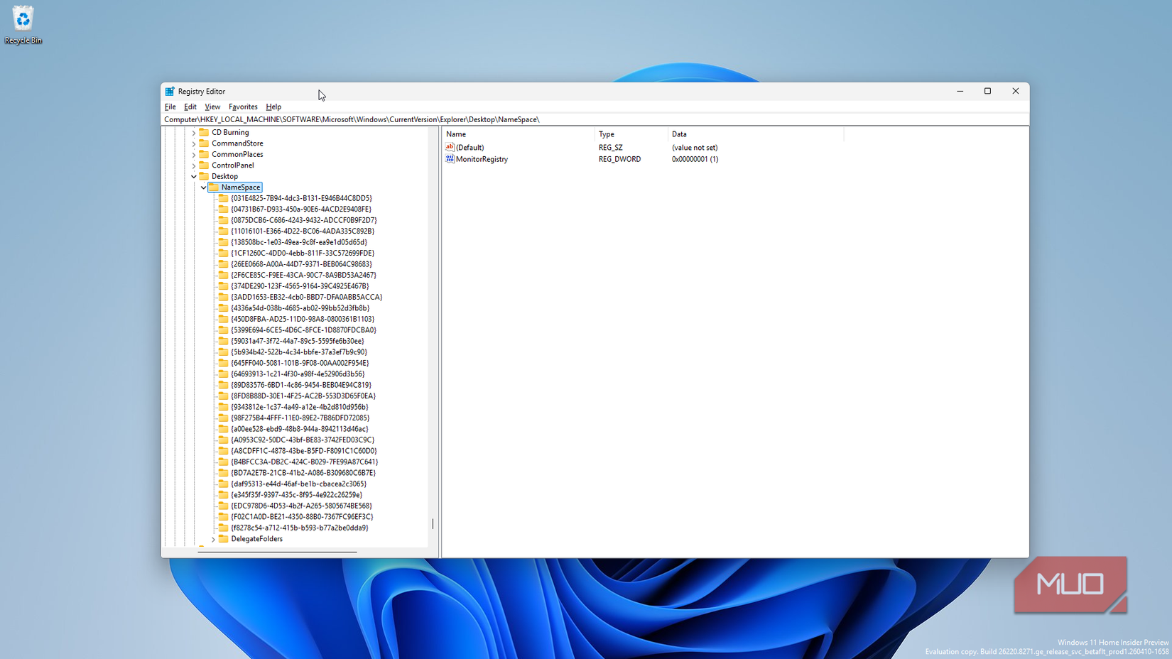 Registry editor with namespace