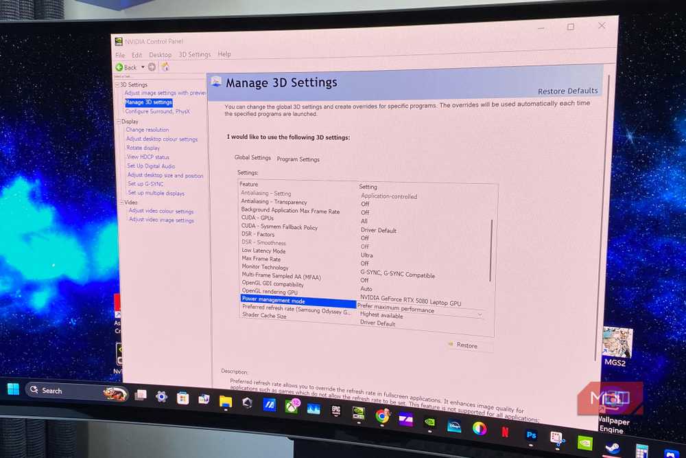 Nvidia Control Panel power management settings