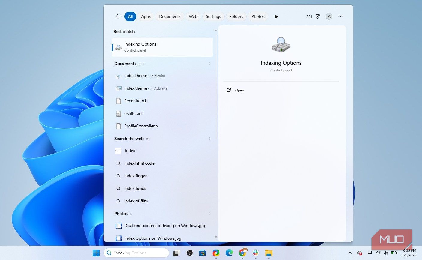 Opening Windows Indexing