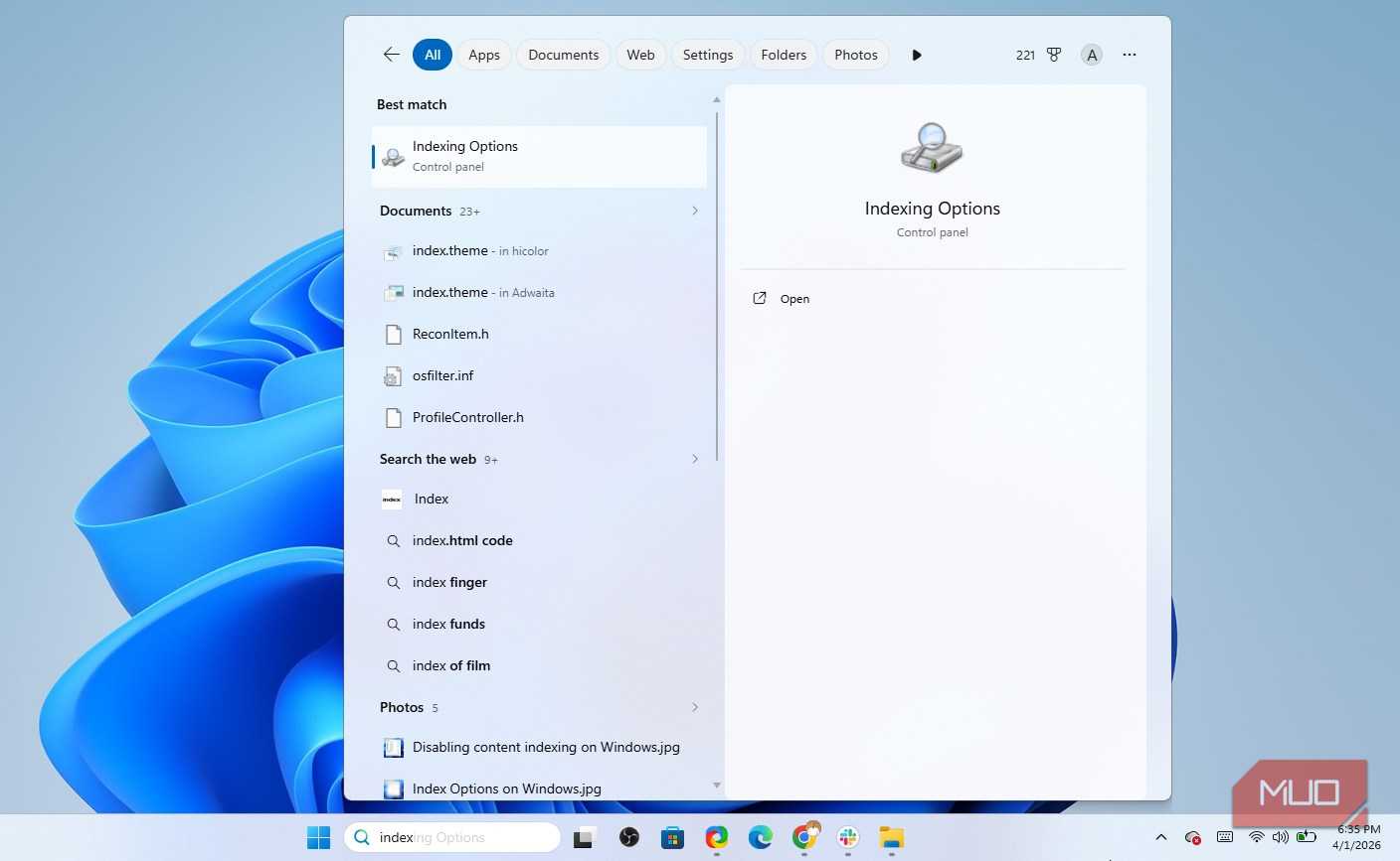 Opening Windows Indexing