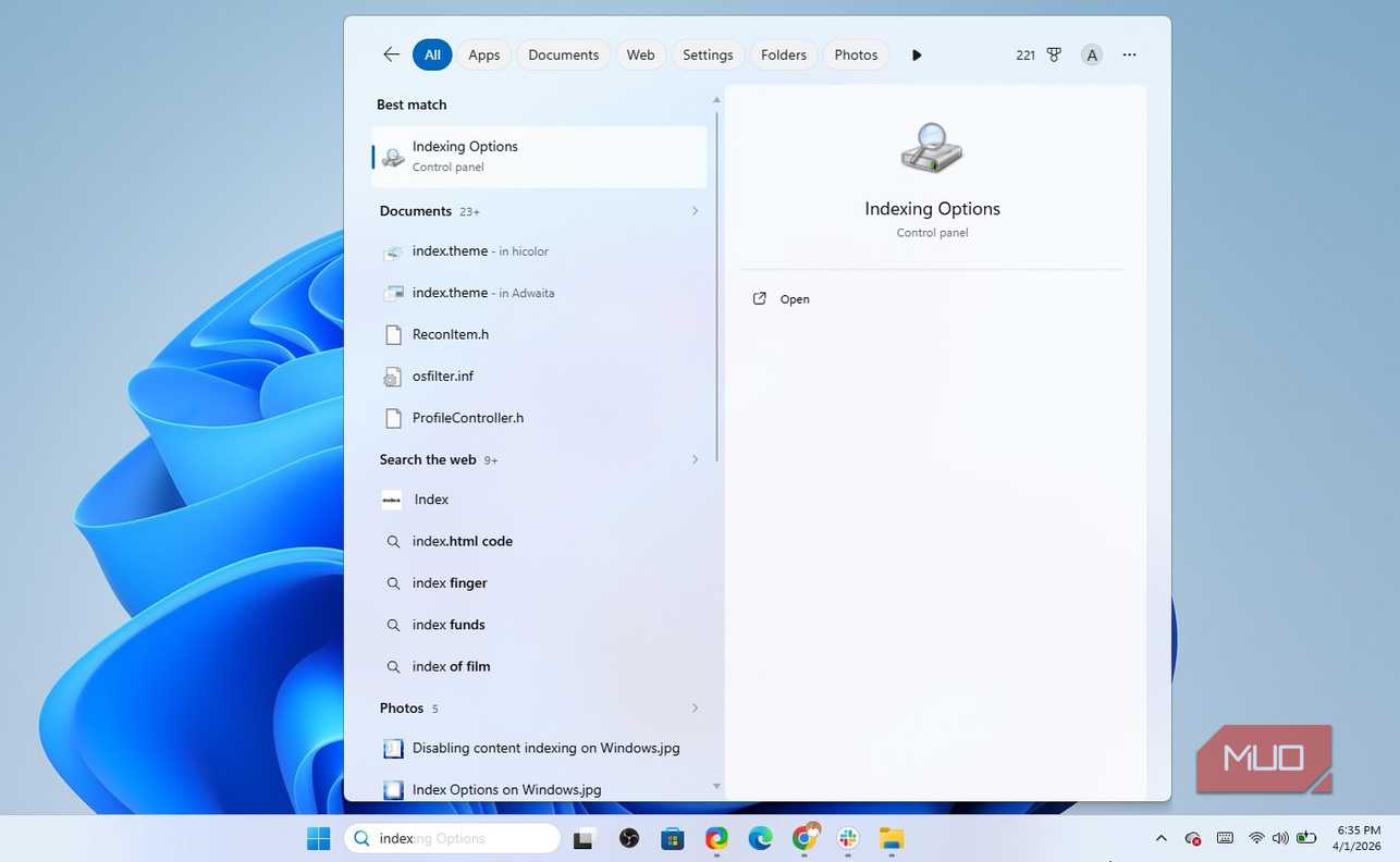 Opening Windows Indexing