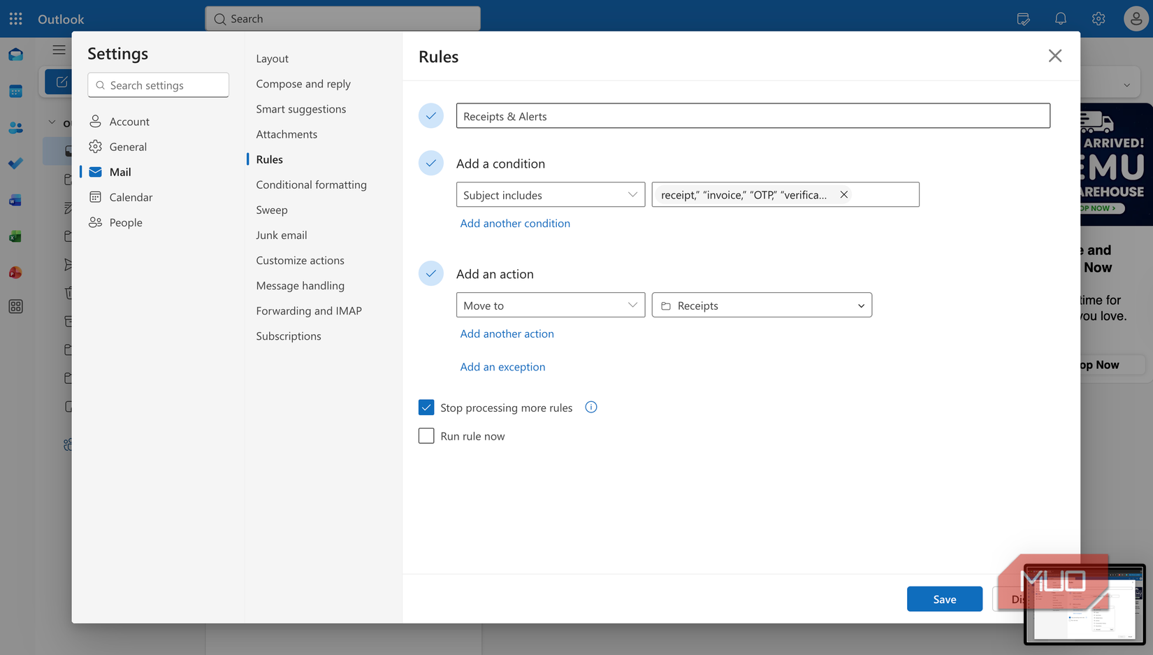 Outlook Rules to Auto-file receipts and system notifications