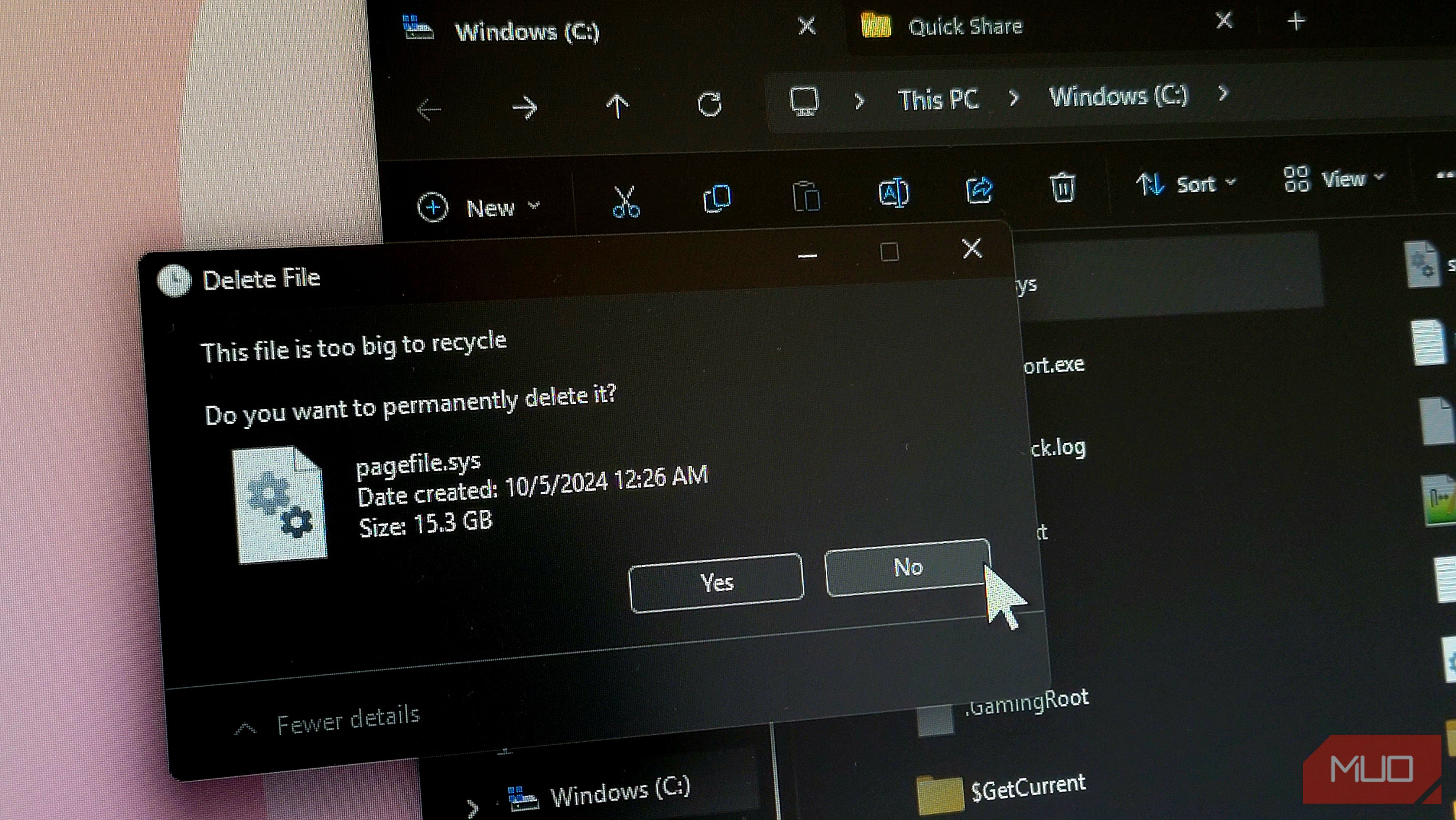 Pagefile sys delete dialog in Windows 11 File Explorer