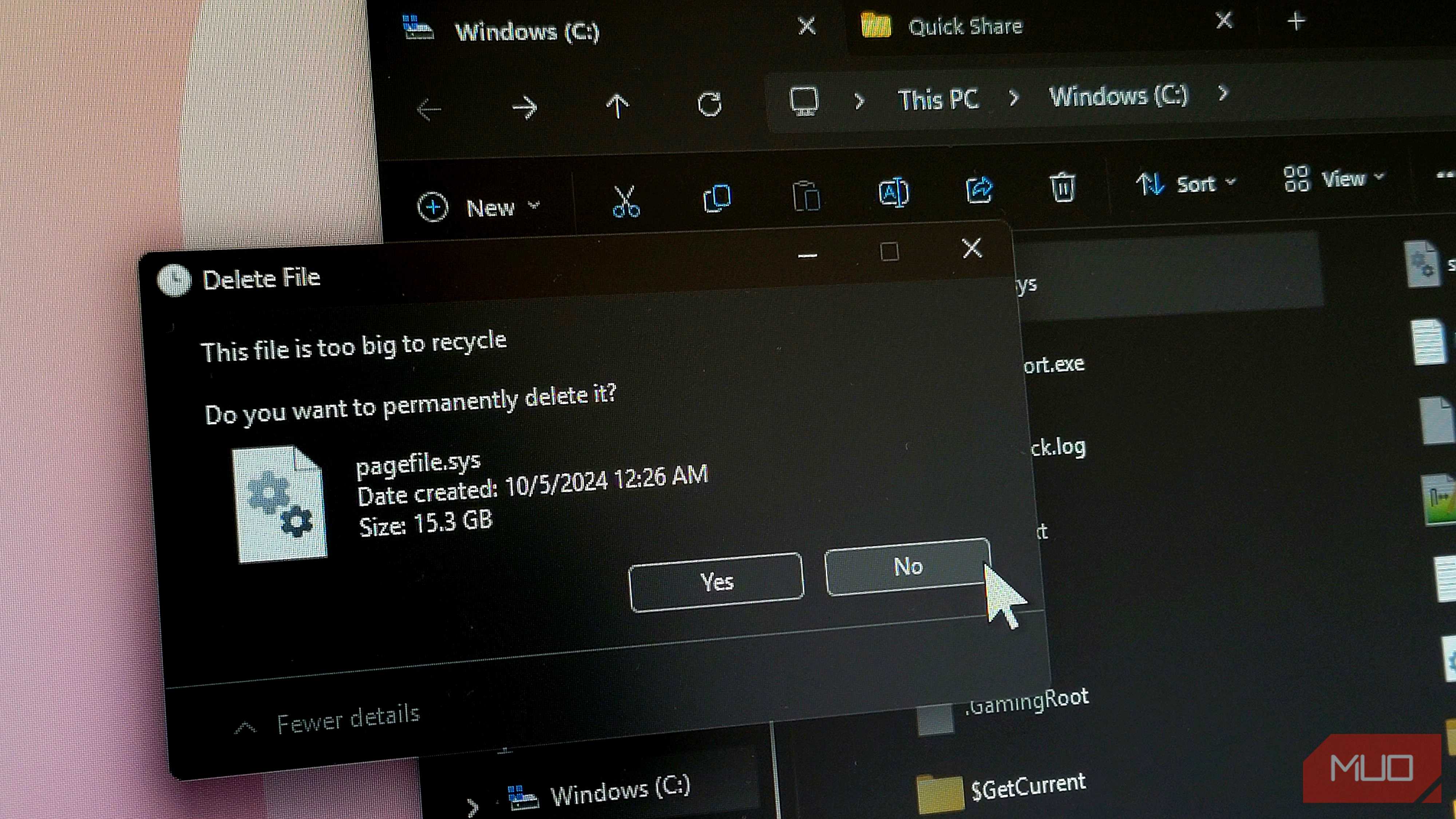 Pagefile sys delete dialog in Windows 11 File Explorer