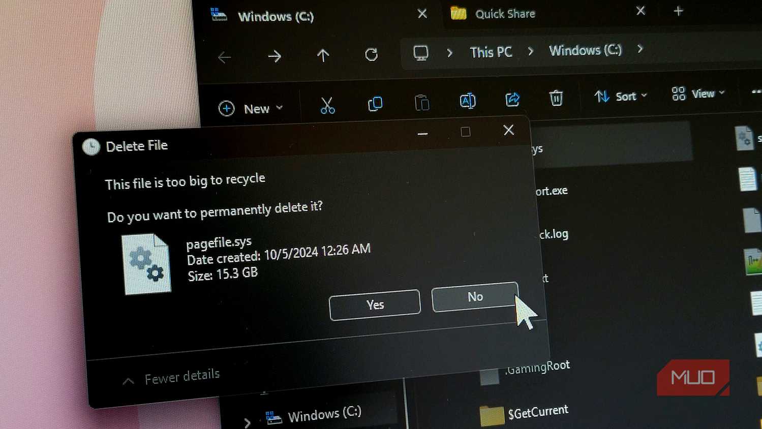 Pagefile sys delete dialog in Windows 11 File Explorer