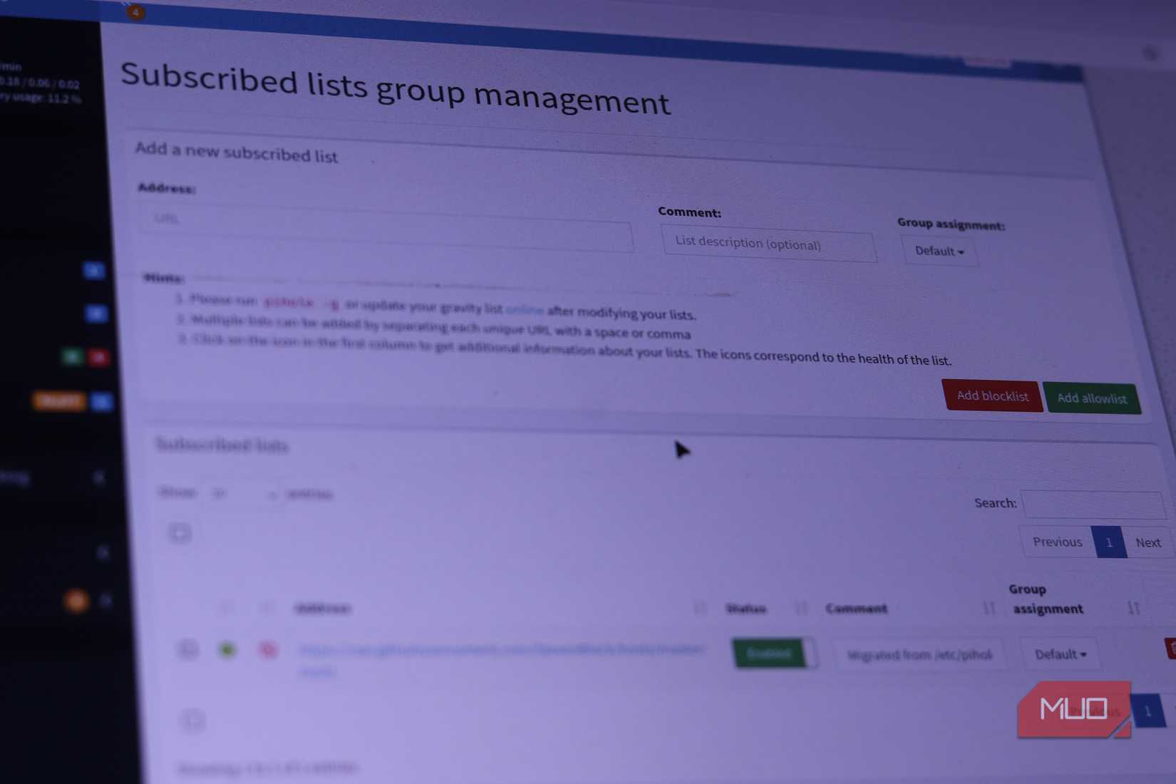 Pi-hole subscribed list menu in firefox.
