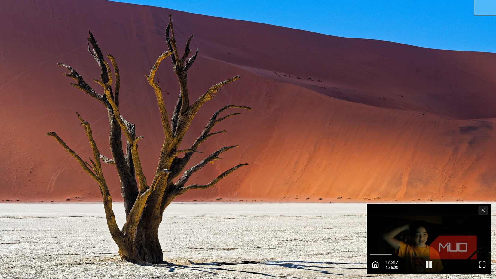 Picture-in-picture video player over a background wallpaper.