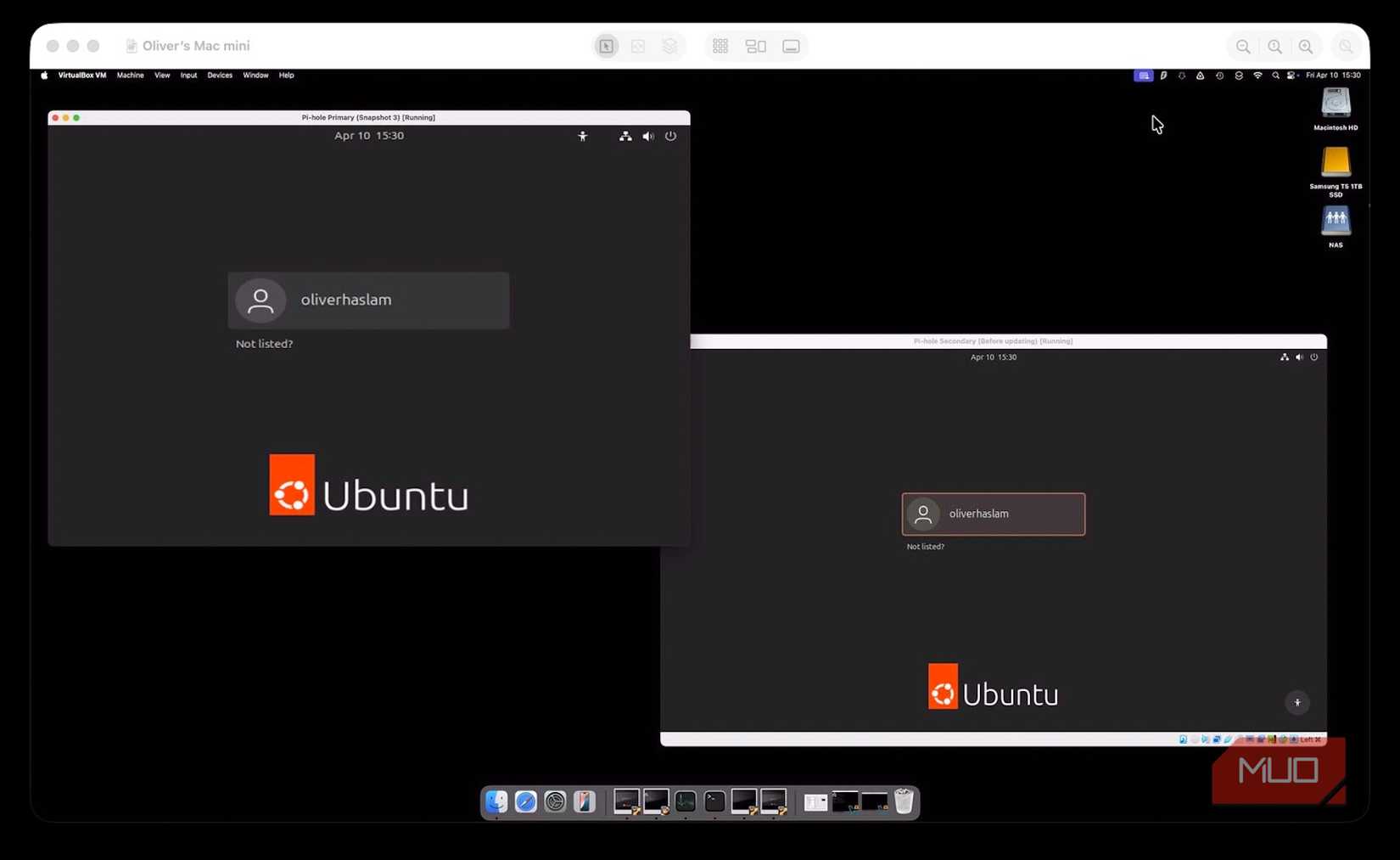 Screenshot showing two Ubuntu virtual machines at the log-in screen.