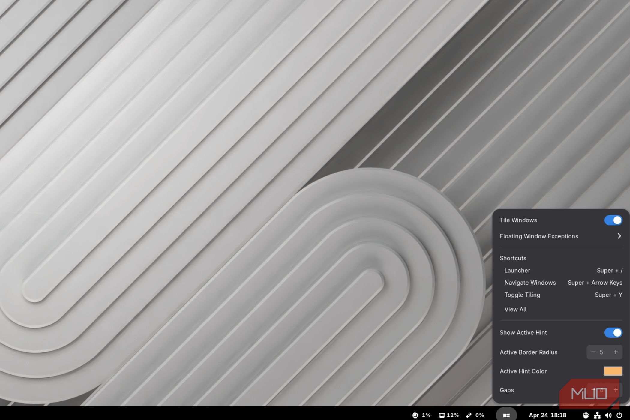 The PopOS tiling menu in Gnome