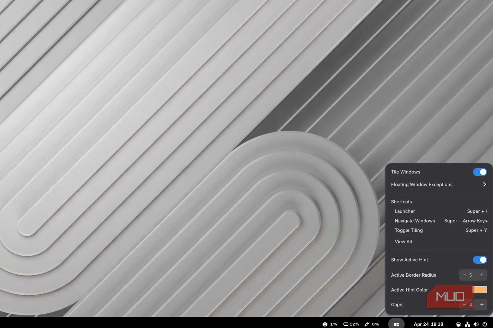 The PopOS tiling menu in Gnome