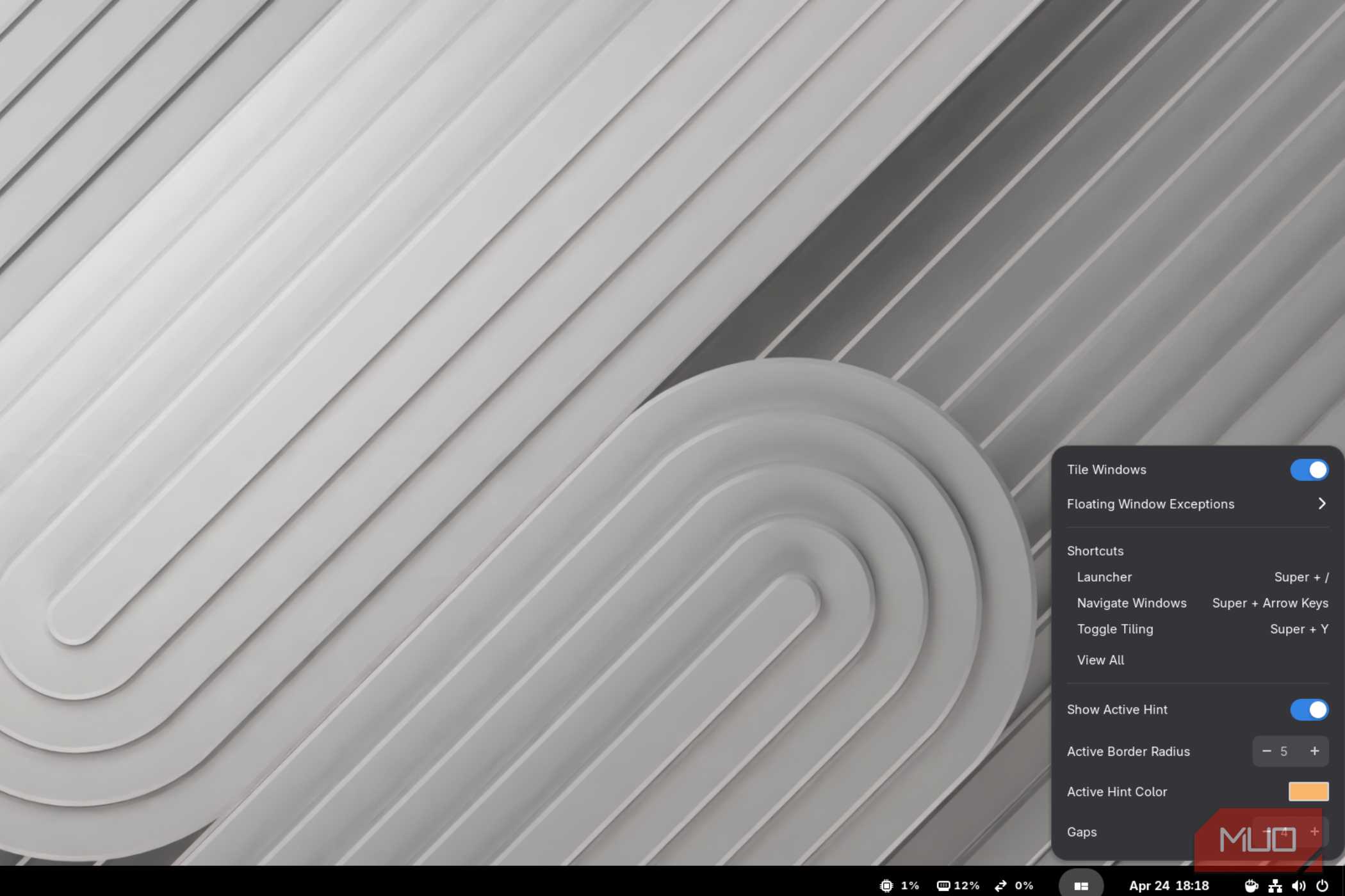 The PopOS tiling menu in Gnome