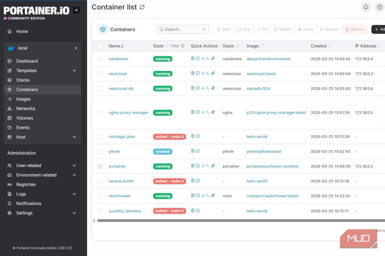 Portainer dashboard.