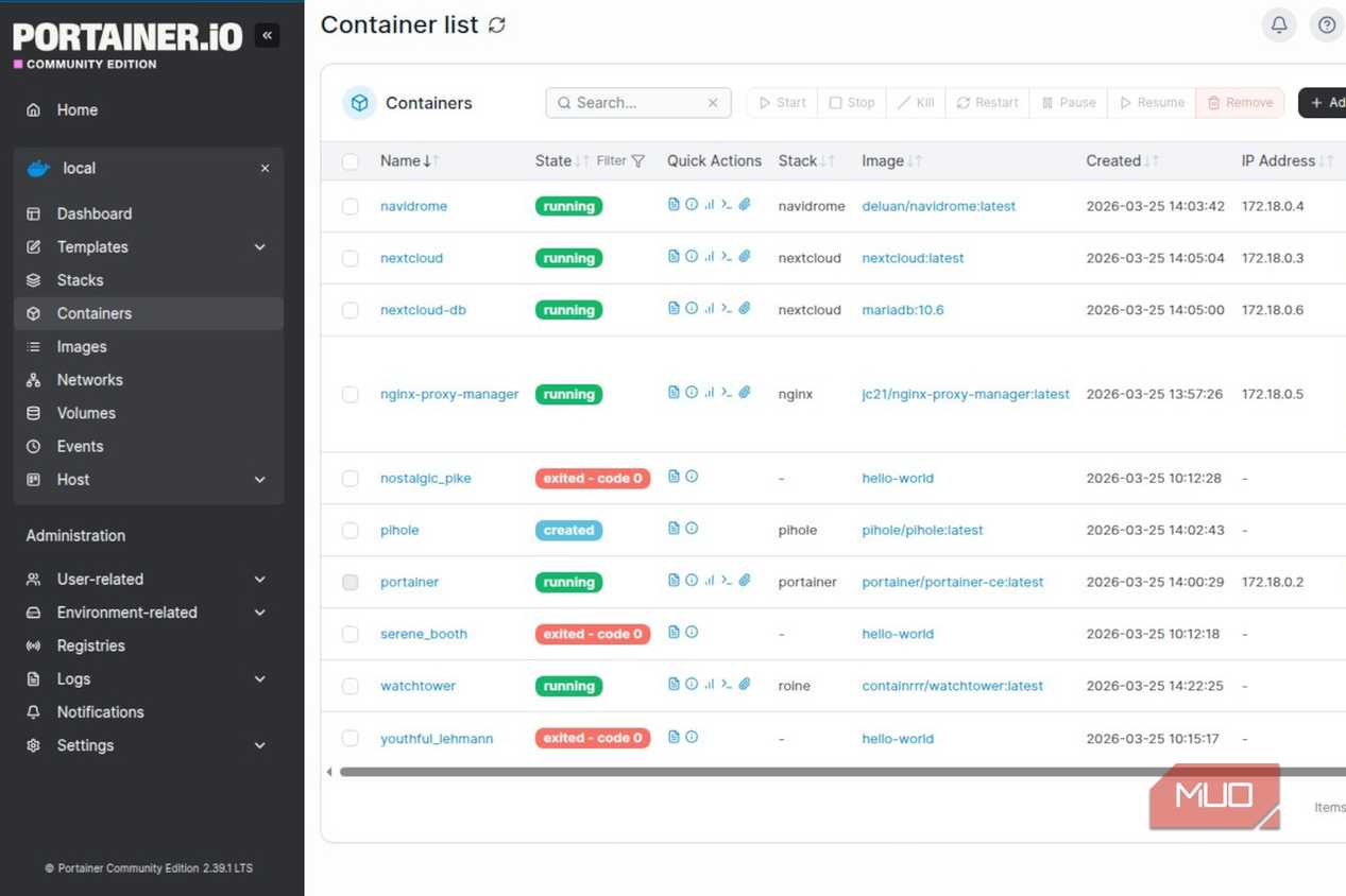 Portainer dashboard.