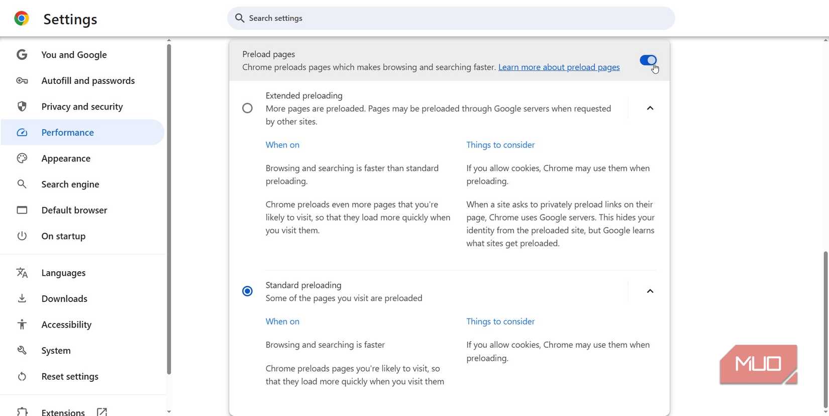 preload pages google chrome settings.