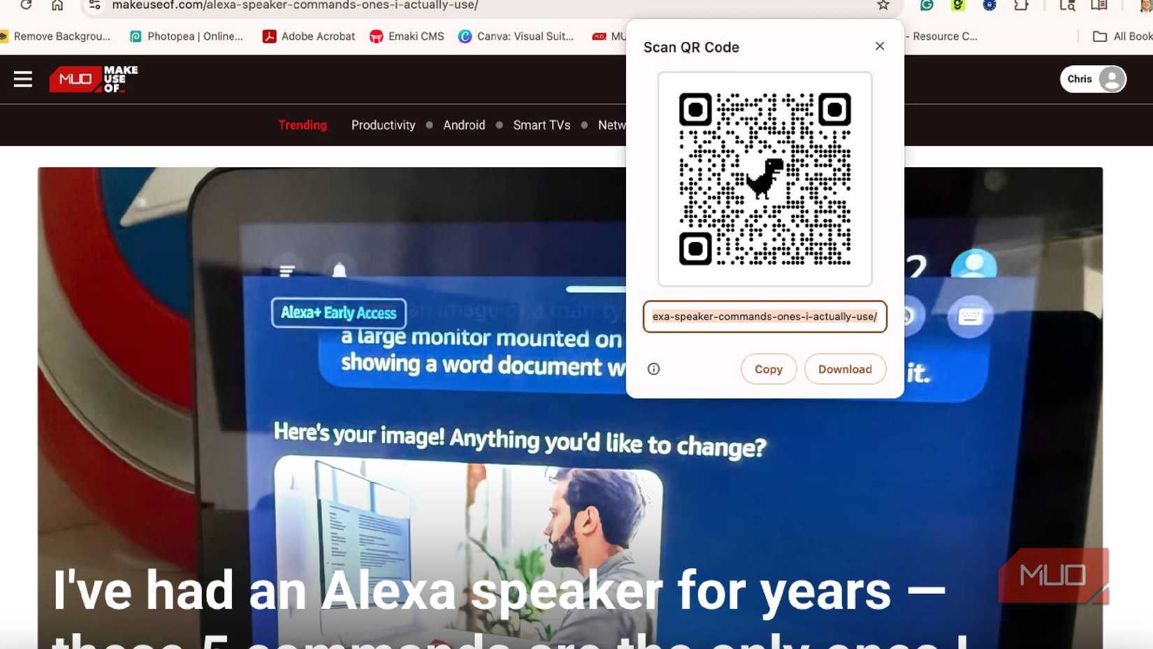 A QR code for a MakeUseOf story