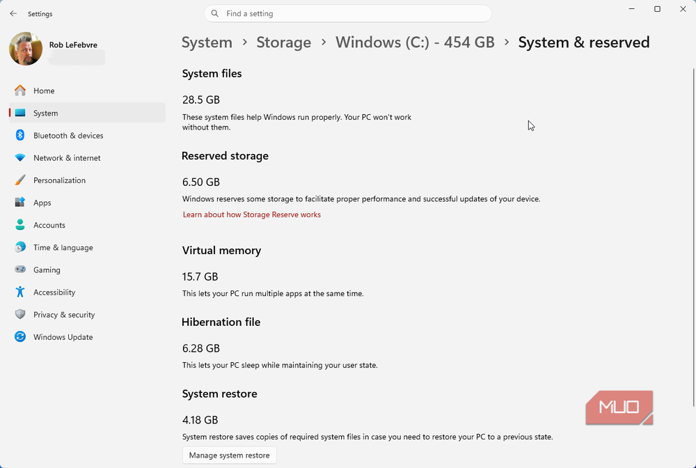 Windows 11 Reserved Storage settings showing the amount of space set aside